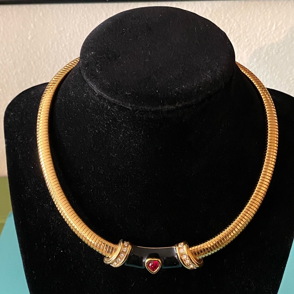 Monet Gold and Black Necklace with Red Heart Accent